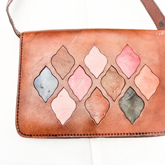 Valerie Large Brown Genuine Leather Tan Leather Patterned Handbag Purse Italy - Picture 2 of 5